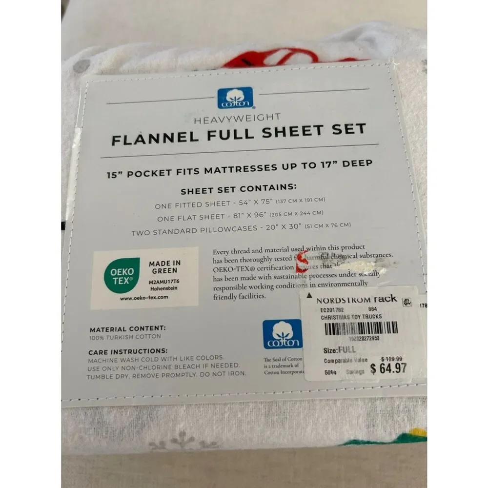 100% Cotton Flannel Sheet Set - Great Bay Home (Full,Christmas Toy Trucks),  NWT